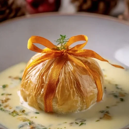 Aumônières de loup de mer servies avec garnitures colorées.