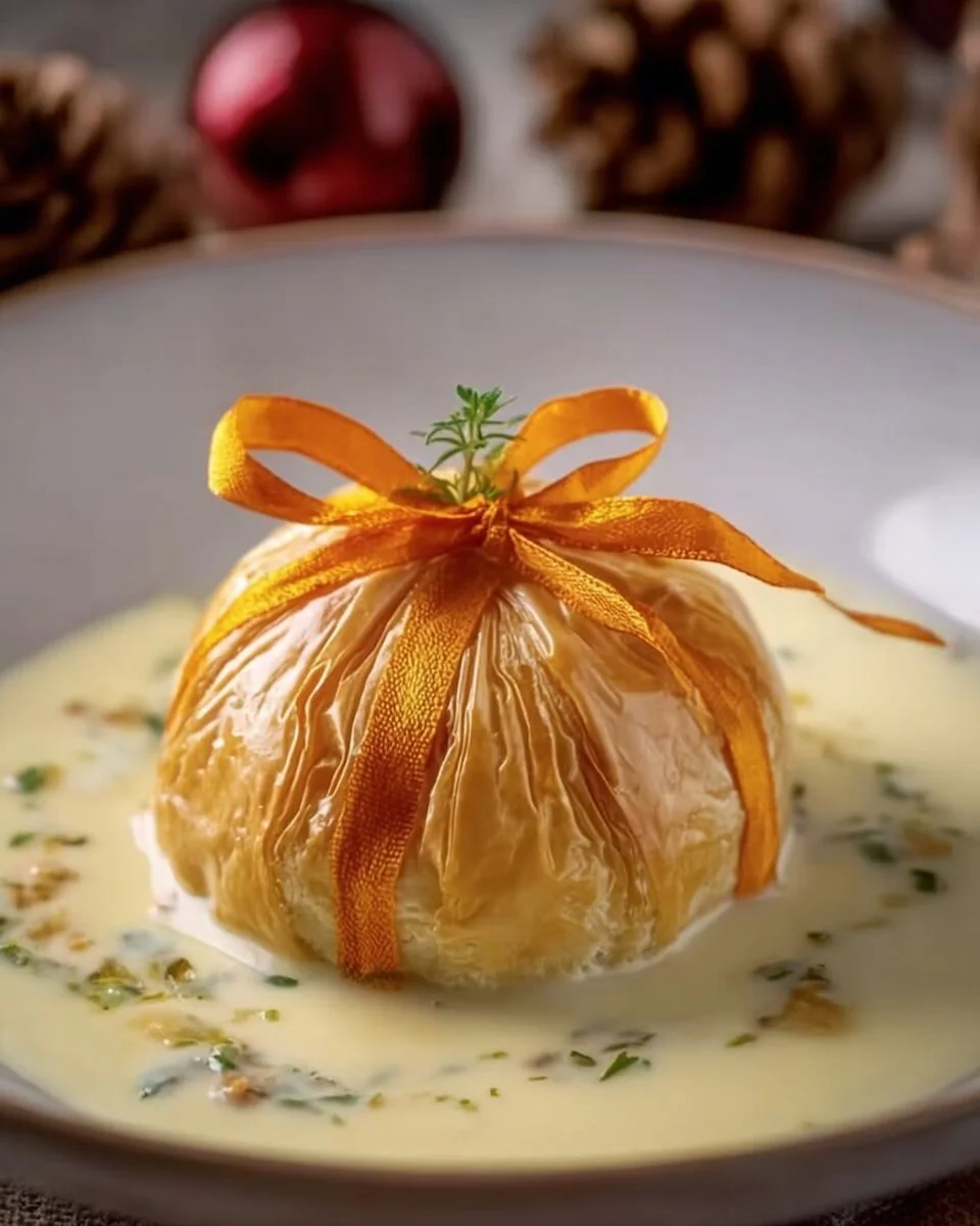 Aumônières de loup de mer servies avec garnitures colorées.