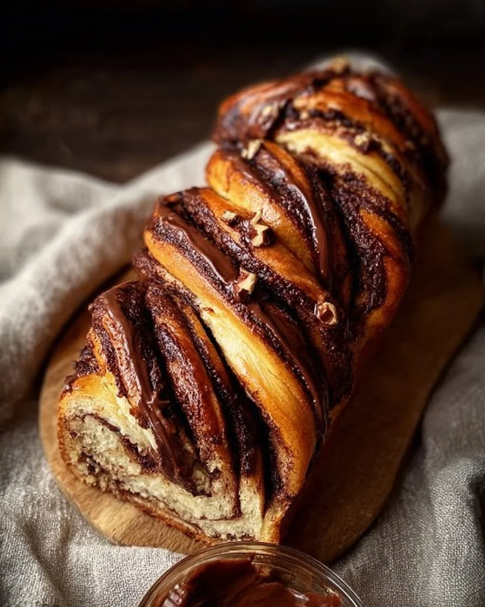 Babka moelleuse à la pâte à tartiner choco noisette sur une assiette