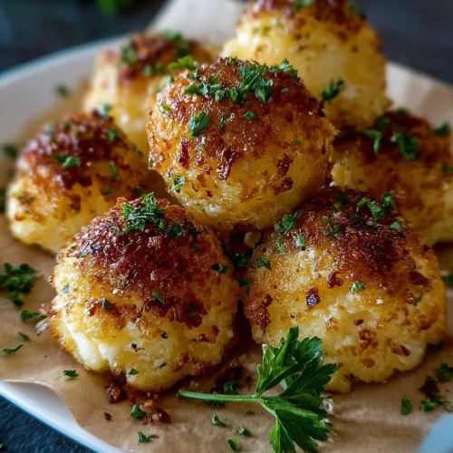 Boules de chou-fleur cuites au four avec du parmesan sur un plat