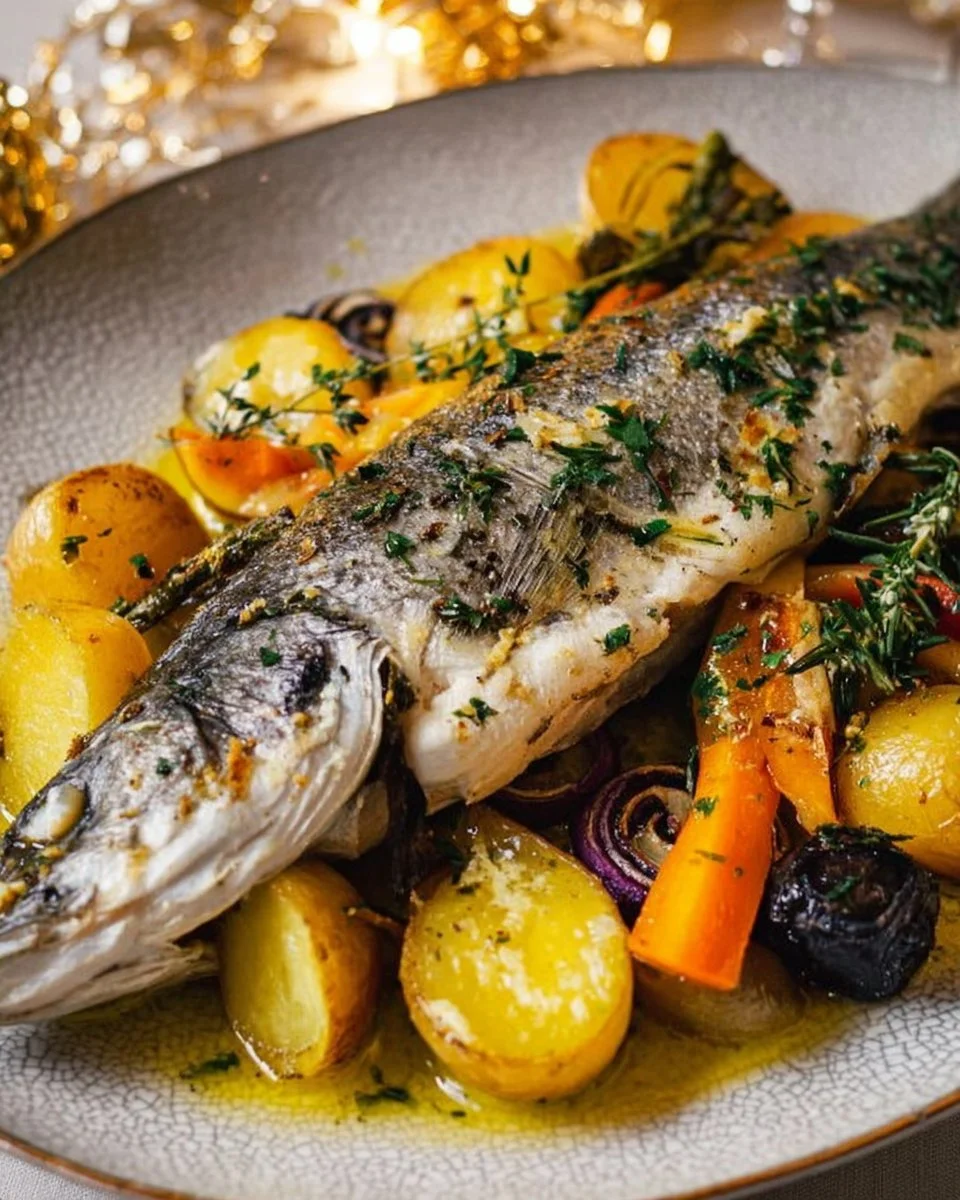 Bar rôti avec légumes fondants et sauce citron-herbes, un plat délicieux et raffiné.