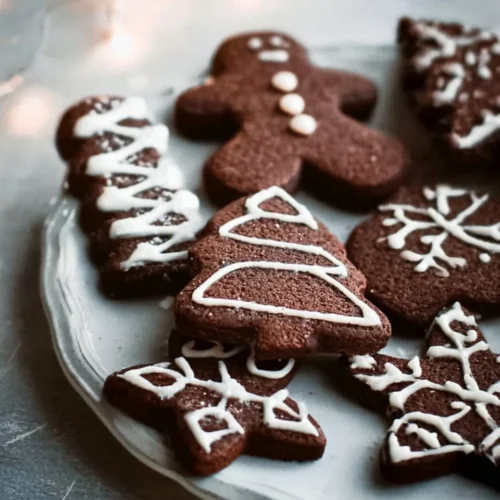 Assortiment de biscuits de Noël au chocolat dans une boîte festive.