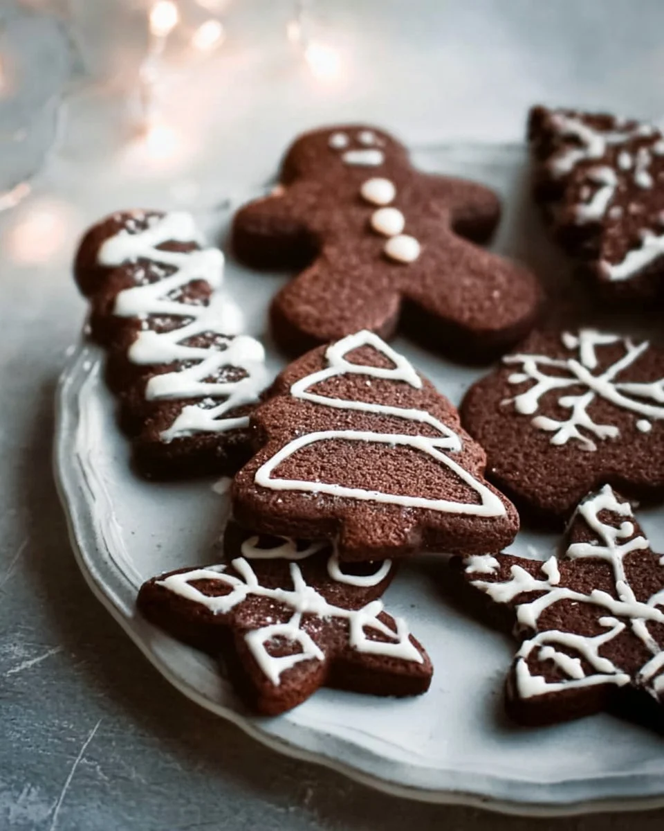 Assortiment de biscuits de Noël au chocolat dans une boîte festive.