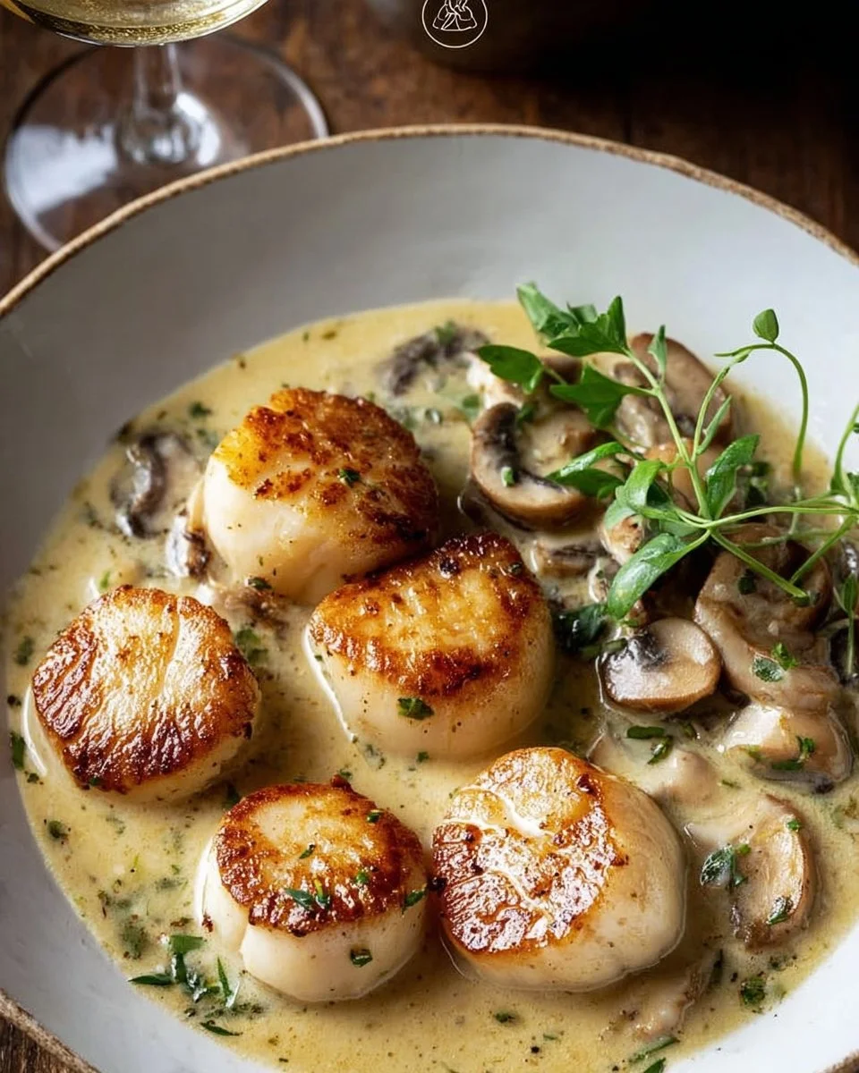 Blanquette Saint-Jacques crémeuse aux champignons servie dans une assiette élégante.