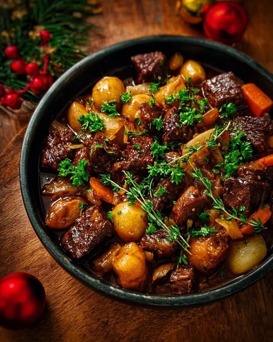 Plat de Bœuf Bourguignon savoureux, mijoté avec vin rouge et légumes.