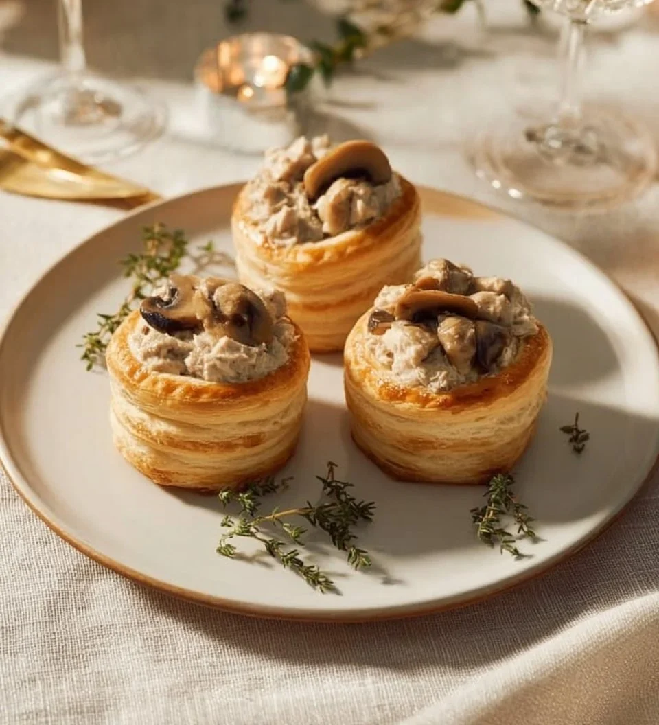 Appétissantes bouchées à la reine garnies de volaille et de sauce crémeuse.