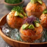 Boules de Saumon aux Avocats présentées sur un plat élégant.