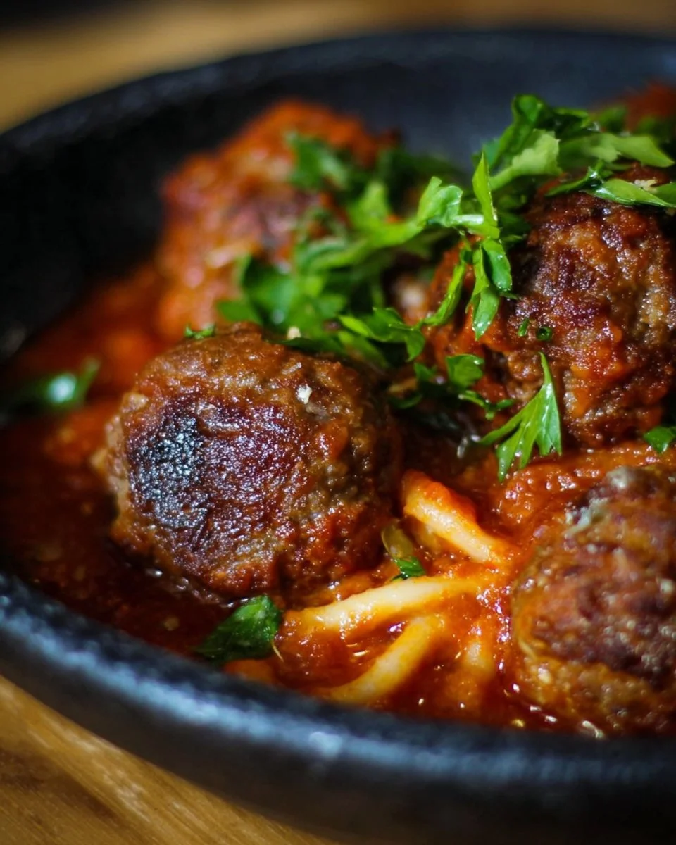 Boulettes de boeuf à la sauce tomate servies dans une assiette.