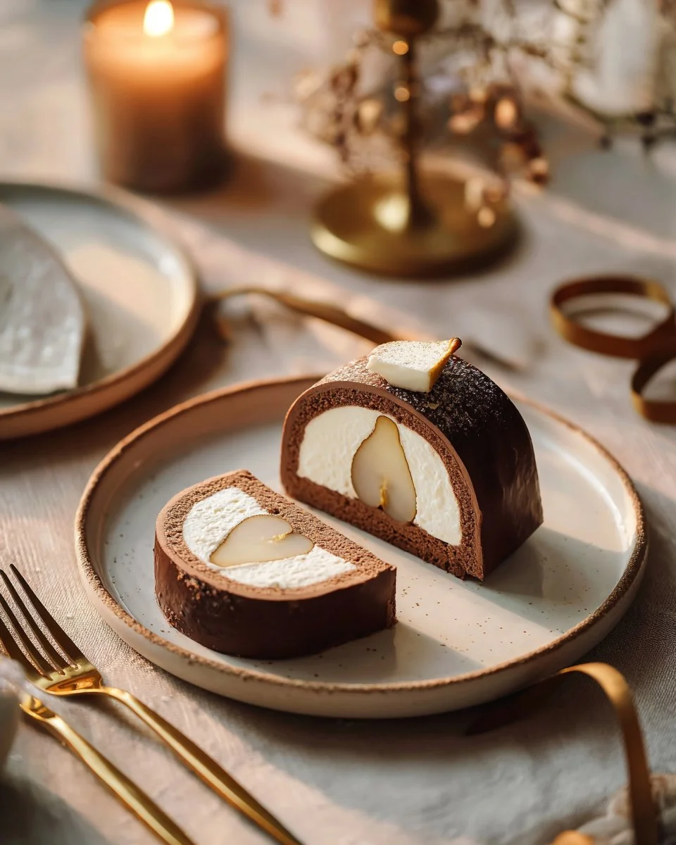 Bûche poire chocolat croustillant spéculoos, un dessert festif