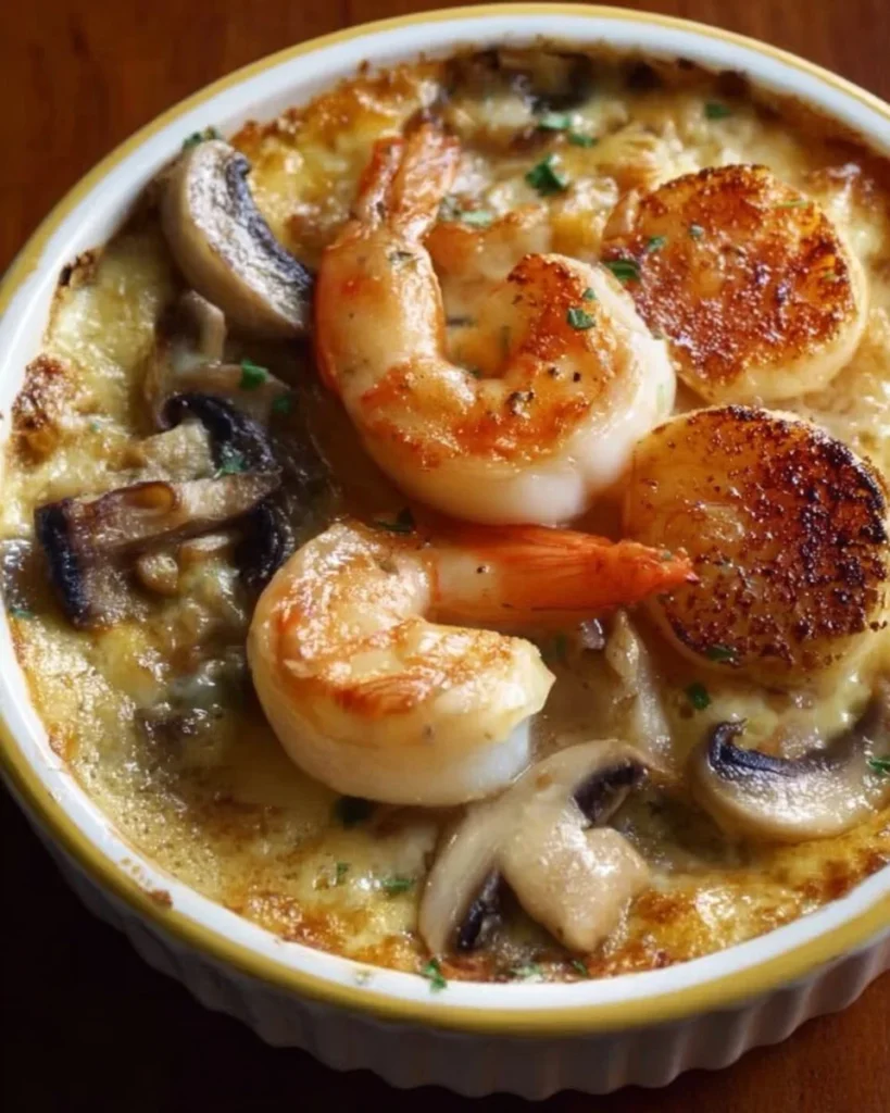 Cassolette de Saint-Jacques, crevettes et champignons