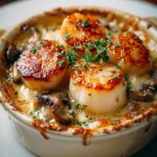 Cassolette Saint-Jacques avec crevettes et champignons, plat savoureux