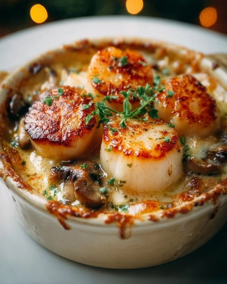 Cassolette Saint-Jacques avec crevettes et champignons, plat savoureux