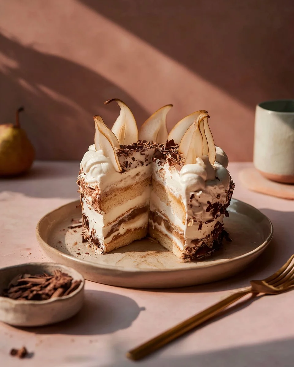 Charlotte poire chocolat servie sur une assiette, un dessert exquis.