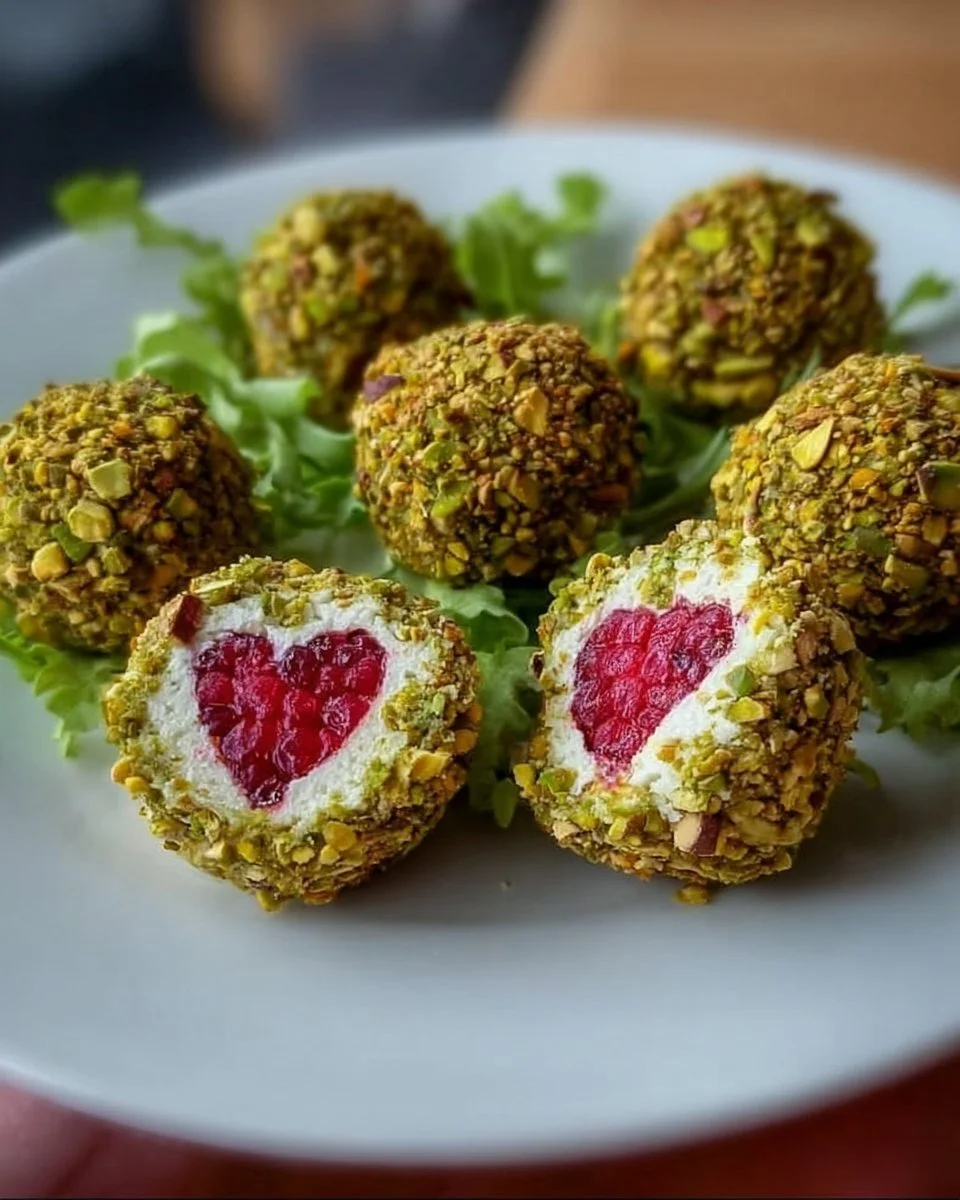 Boules de fromage avec pistaches et insert de framboise