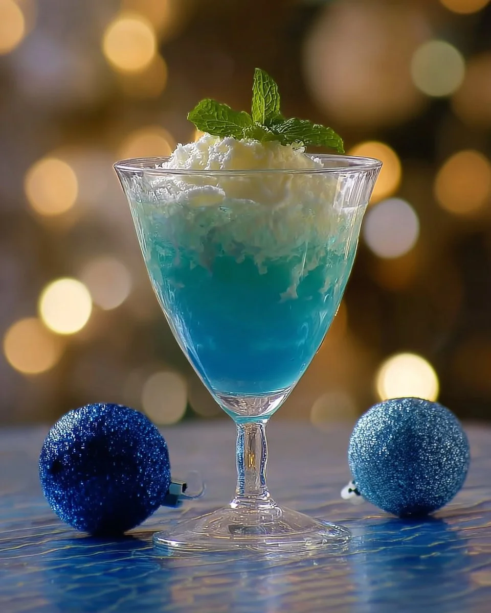 Cocktail de Noël au curaçao dans un verre festif avec décoration de Noël.