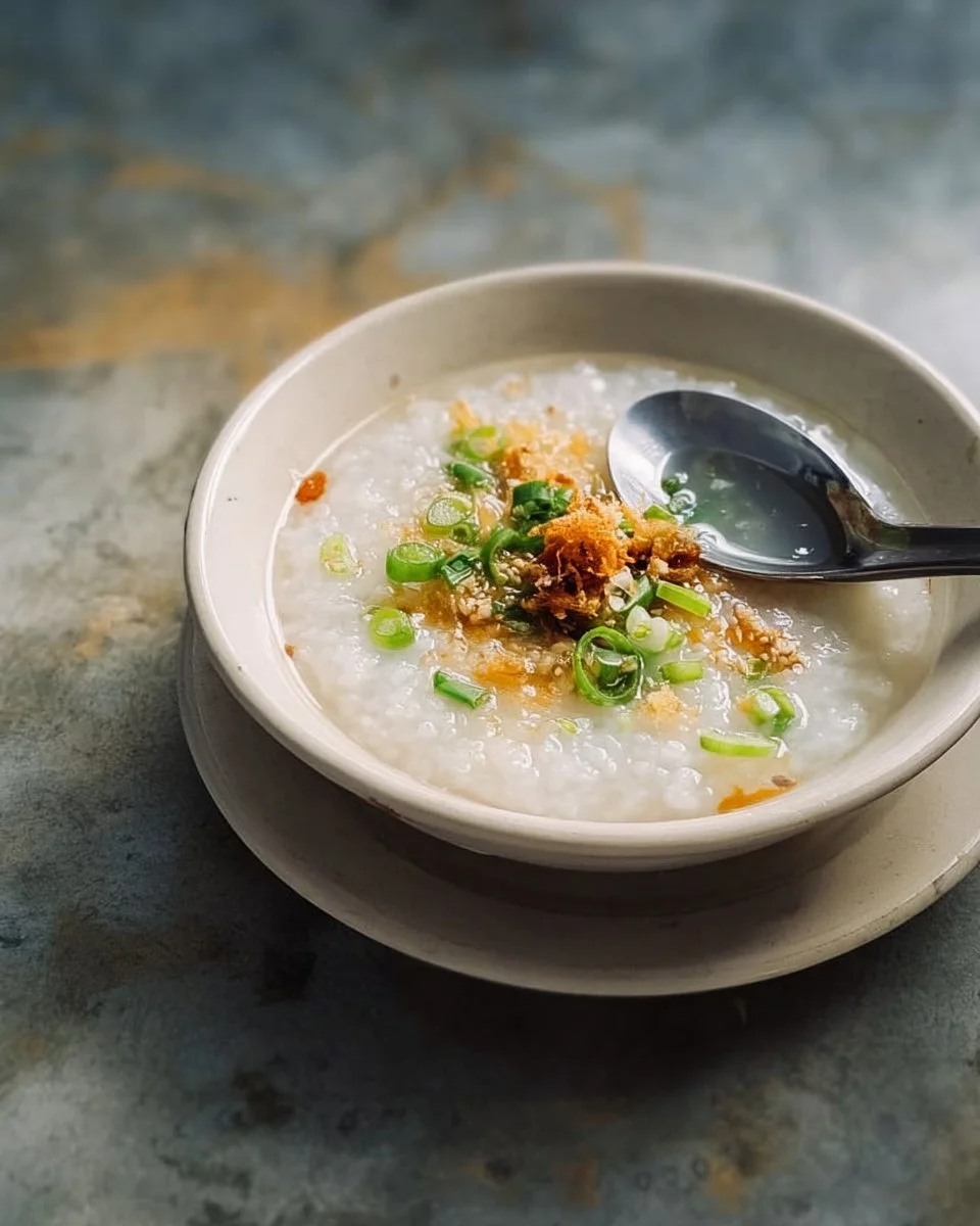 Bol de congee traditionnel garni d'ingrédients frais et savoureux.