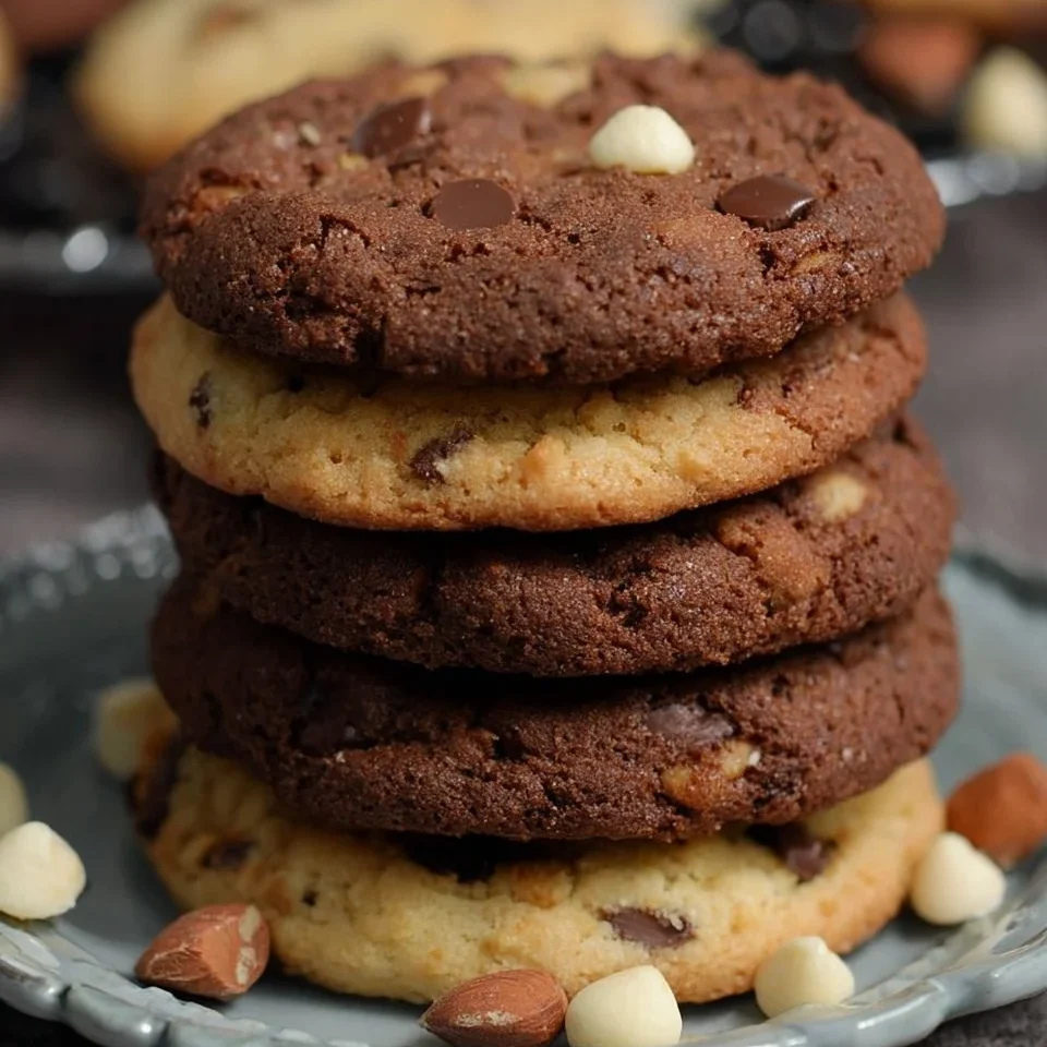 Deux cookies au chocolat macadamia fraîchement cuits sur une assiette.