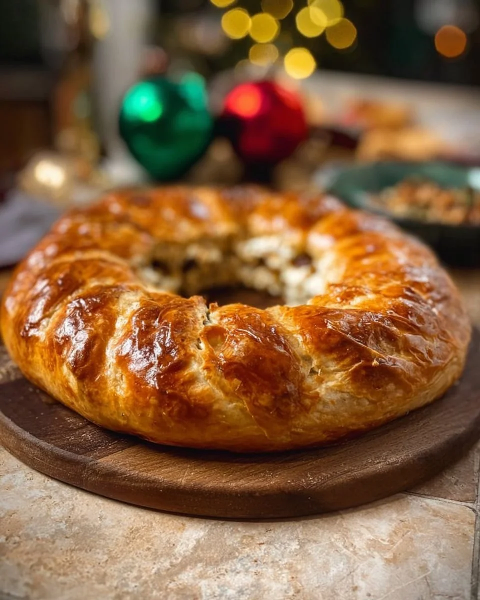 Couronne de Noël au curry et fromage de chèvre, décoration festive gastronomique.