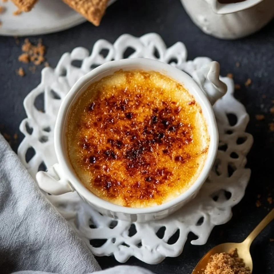 Dessin d'une Crème Brûlée au Spéculoos caramélisée et servie dans un ramequin.