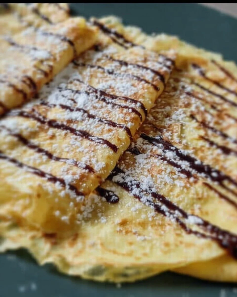 Crêpe au four prête à être dégustée, garnie de fruits et de chocolat.