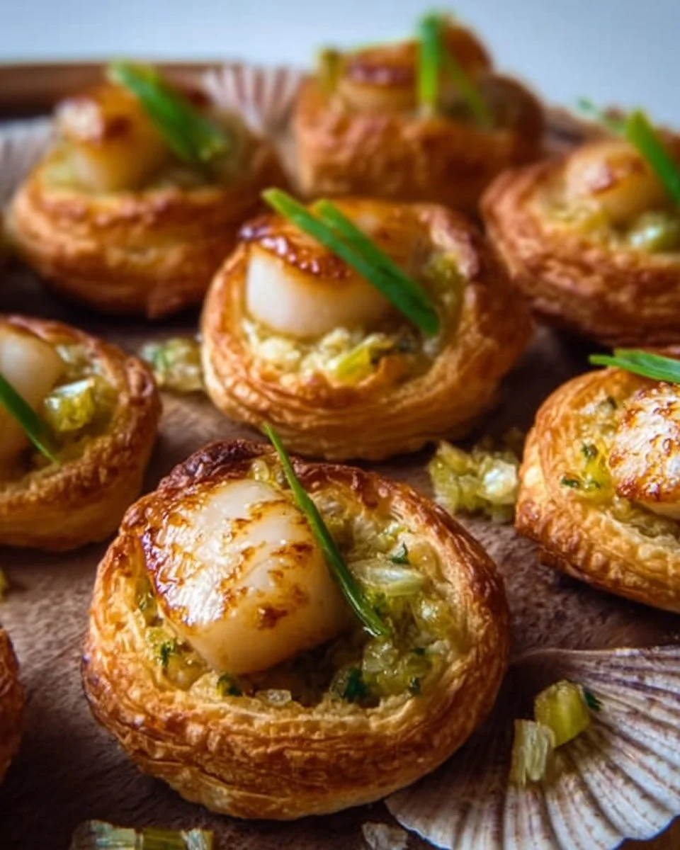 Puff pastries croustillants avec scallops et leeks, plats raffinés et savoureux.