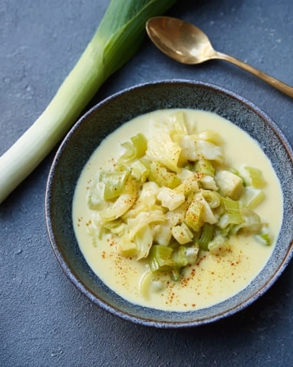 Plat de fondue de poireaux crémeux et savoureux sur table en bois.