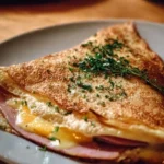 Galette Bretonne Complète garnie de jambon, fromage et œuf sur une assiette
