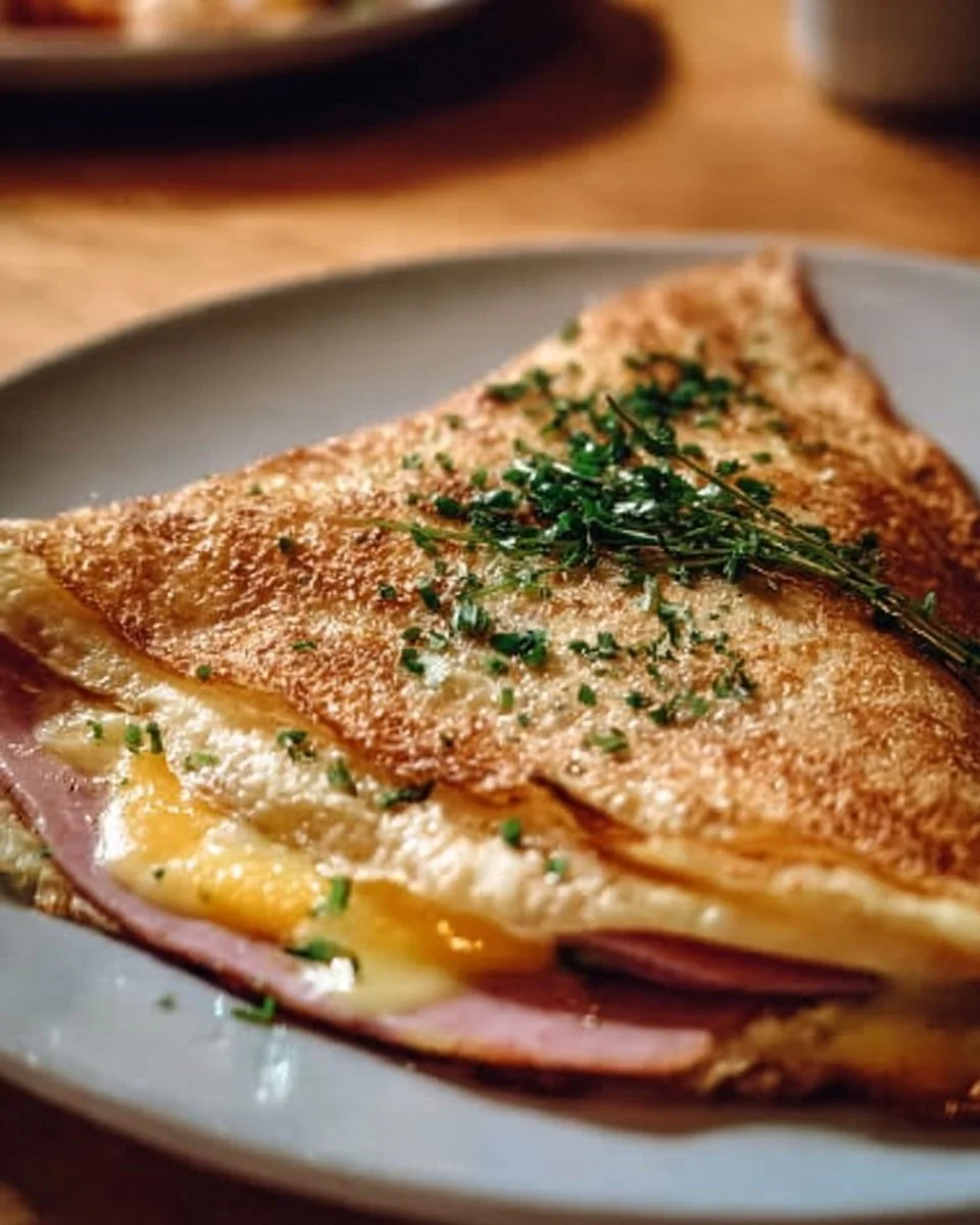 Galette Bretonne Complète garnie de jambon, fromage et œuf sur une assiette