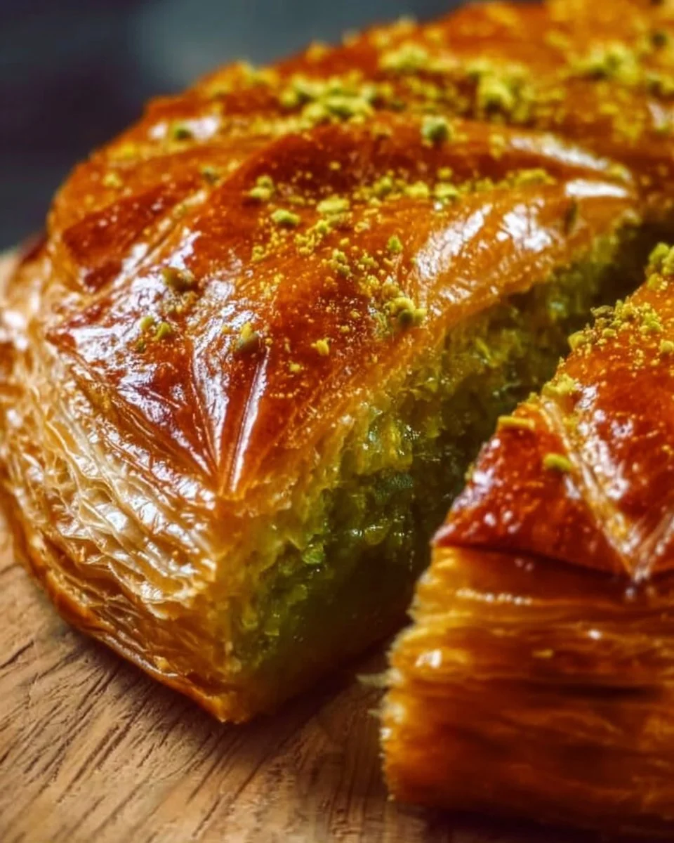 Galette des rois à la pistache, dessert traditionnel français pour l'Épiphanie.