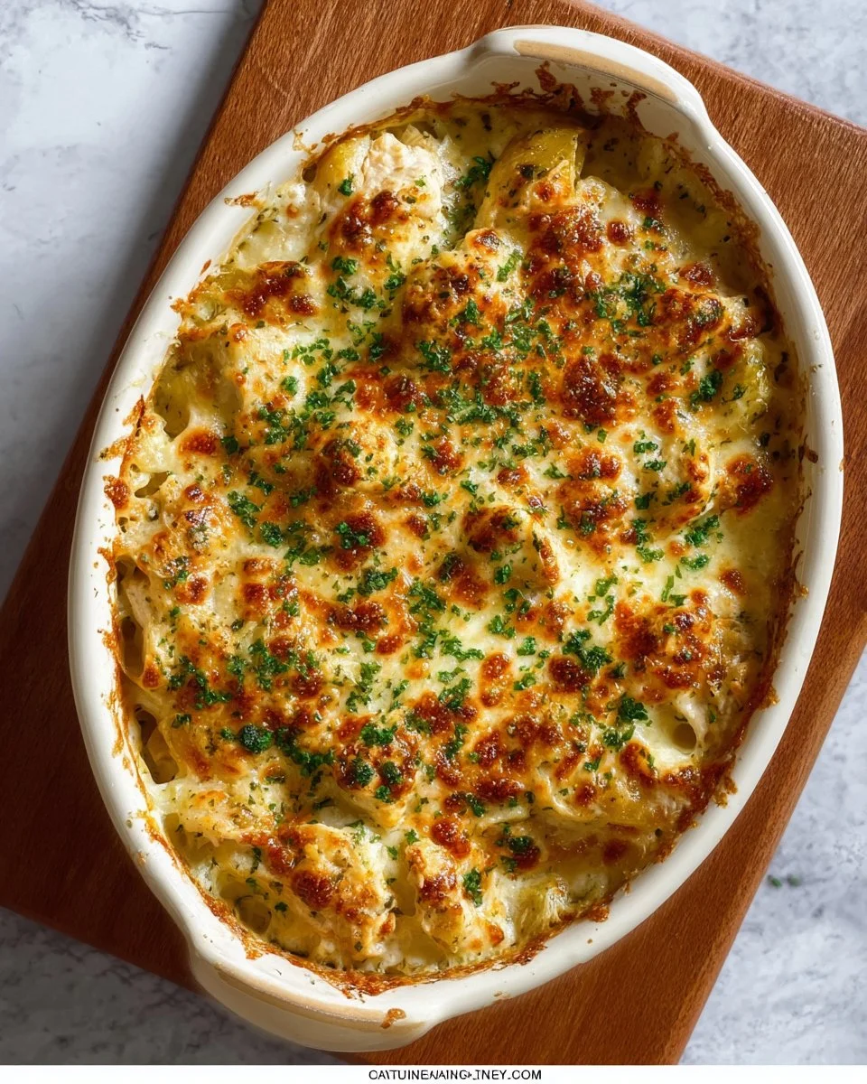 Gratin Alfredo au poulet, un plat crémeux et savoureux, idéal pour le dîner.