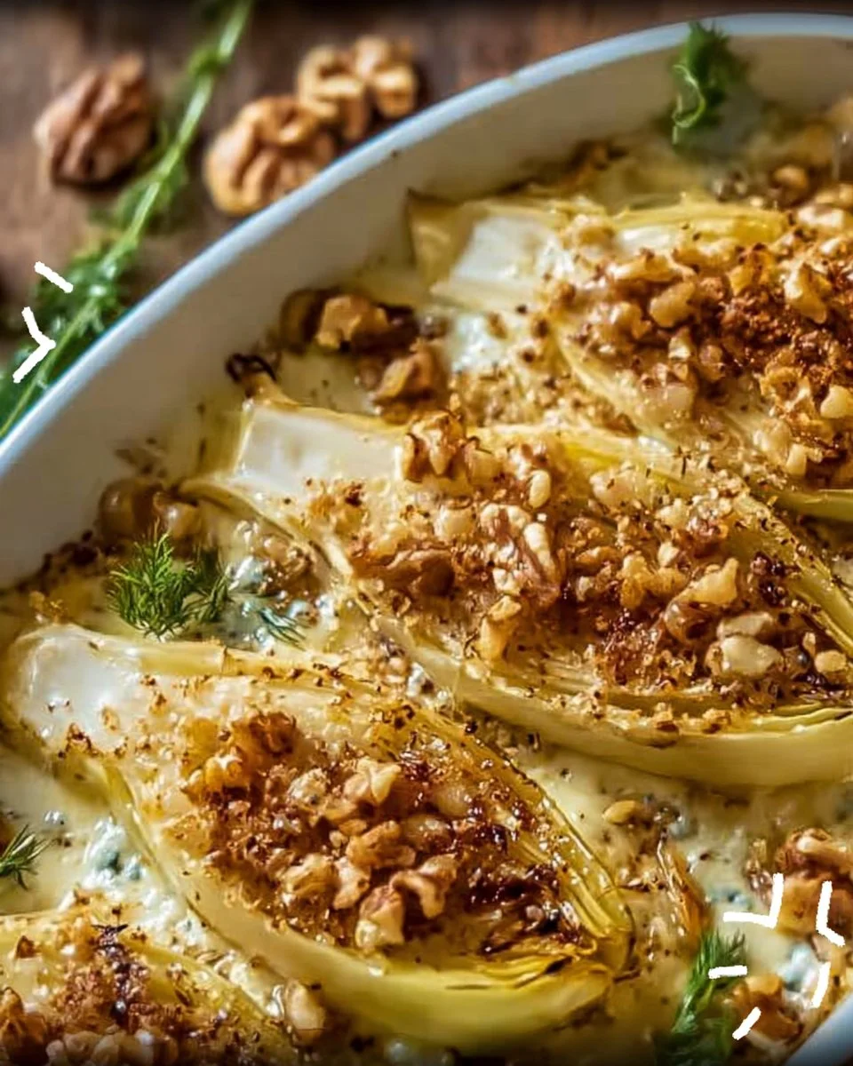 Gratin d'endives au Roquefort et aux noix, plat savoureux et réconfortant.