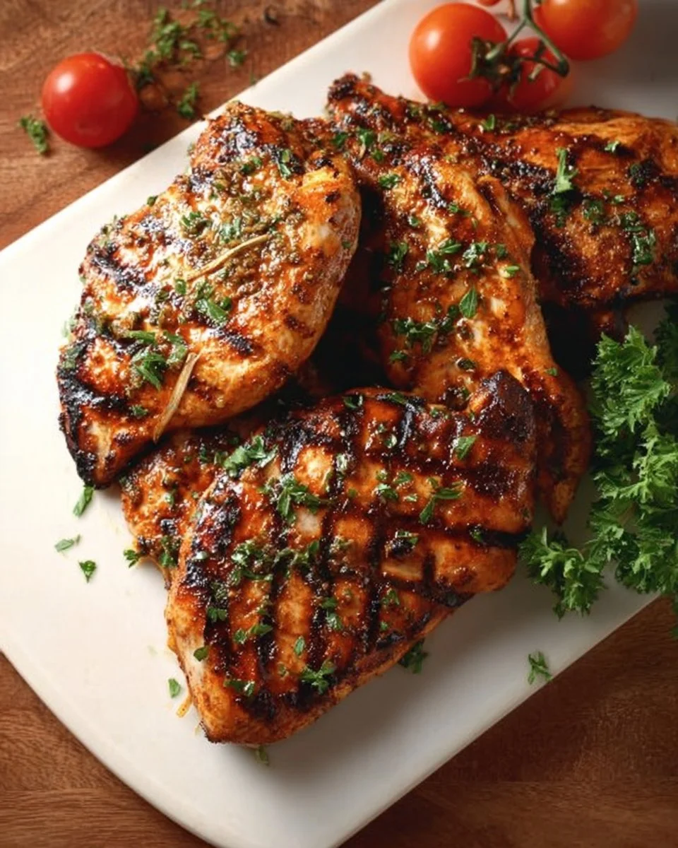 Poulet mariné italien grillé avec légumes frais sur une planche en bois