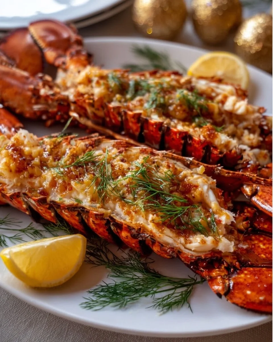 Homard rôti au beurre, citron, ail et aneth, plat gourmet délicieux.