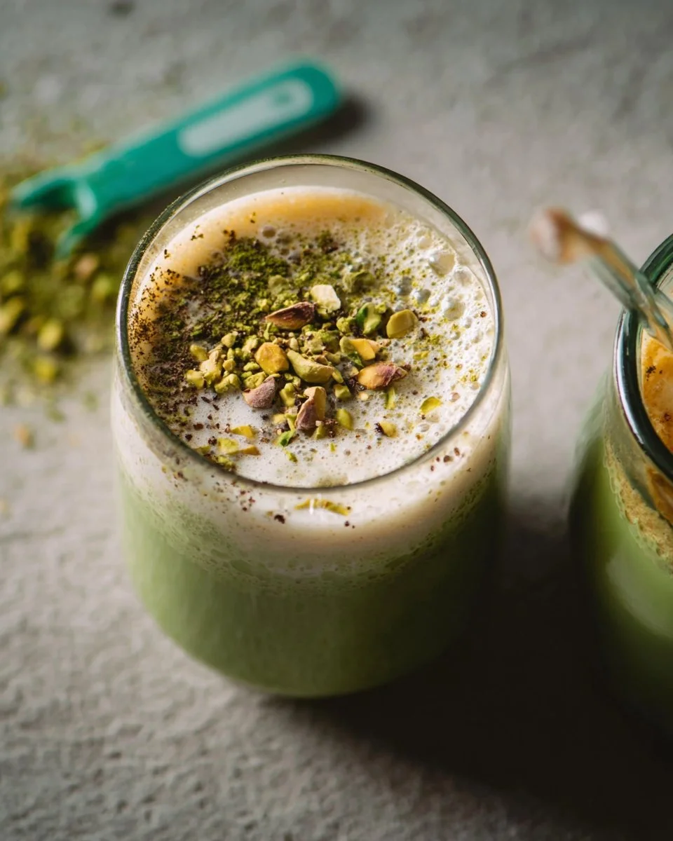 Boisson matcha coco et pistache servie dans un verre élégant.