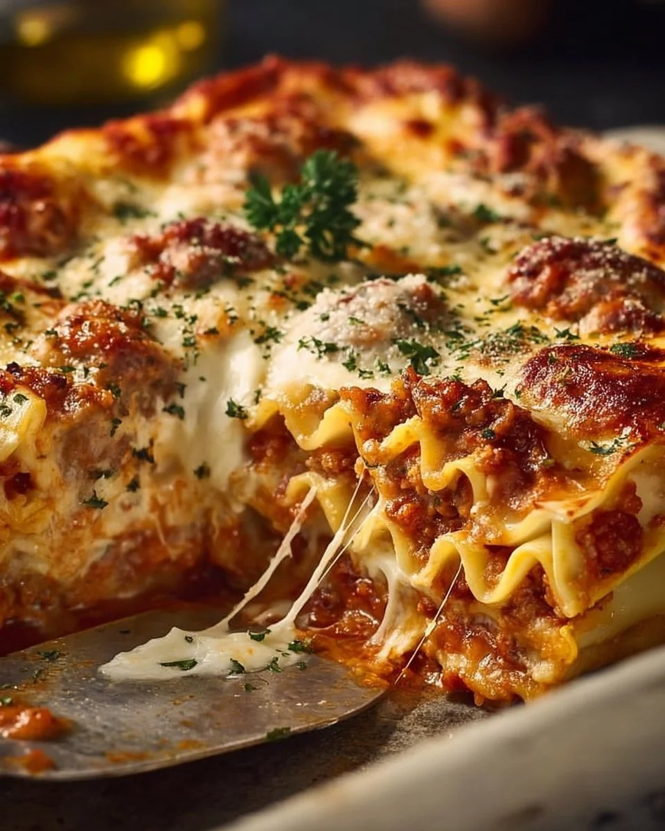 Plat de lasagnes aux saucisses et mozzarella, savoureux et réconfortant.