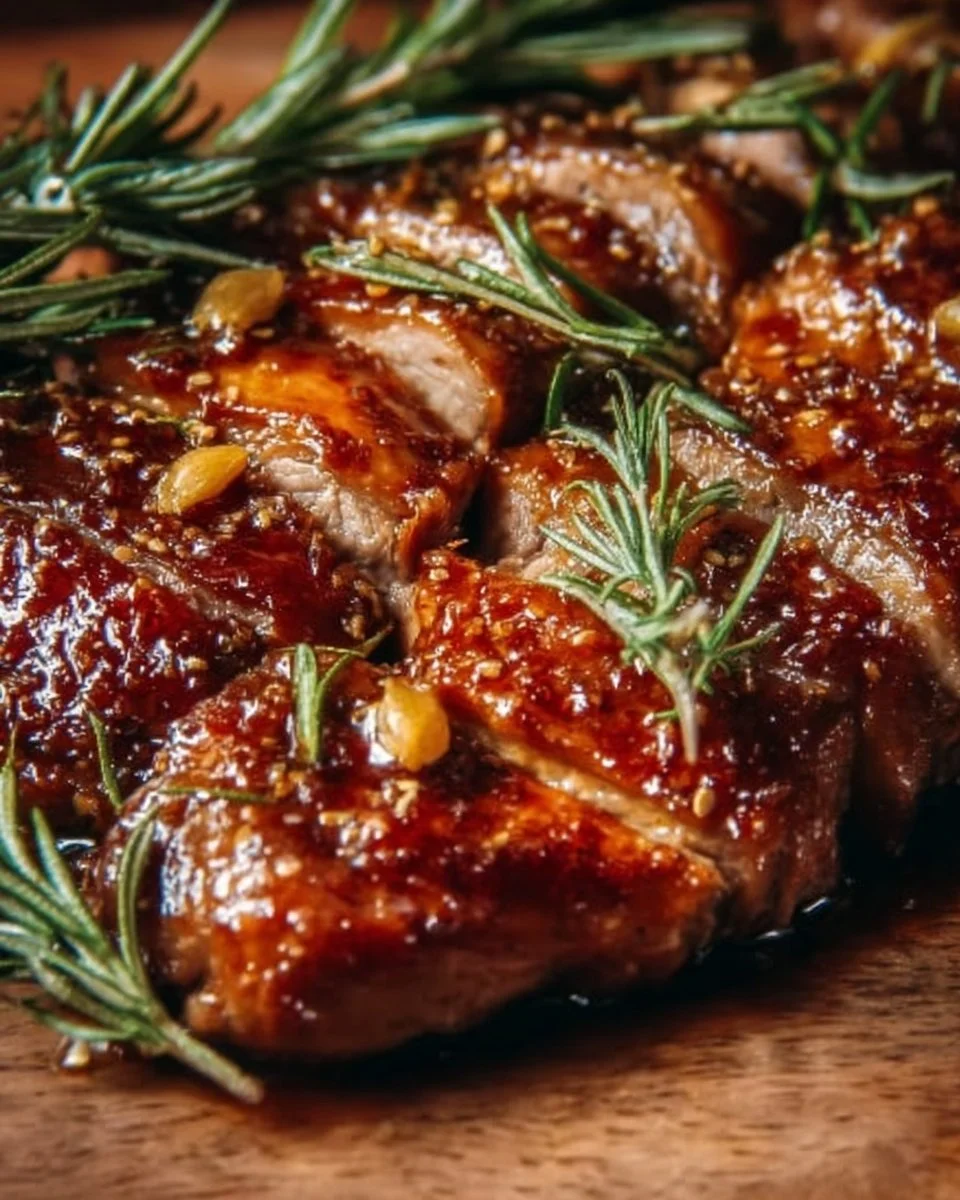 Magret de canard rôti au miel et romarin, plat savoureux et élégant.