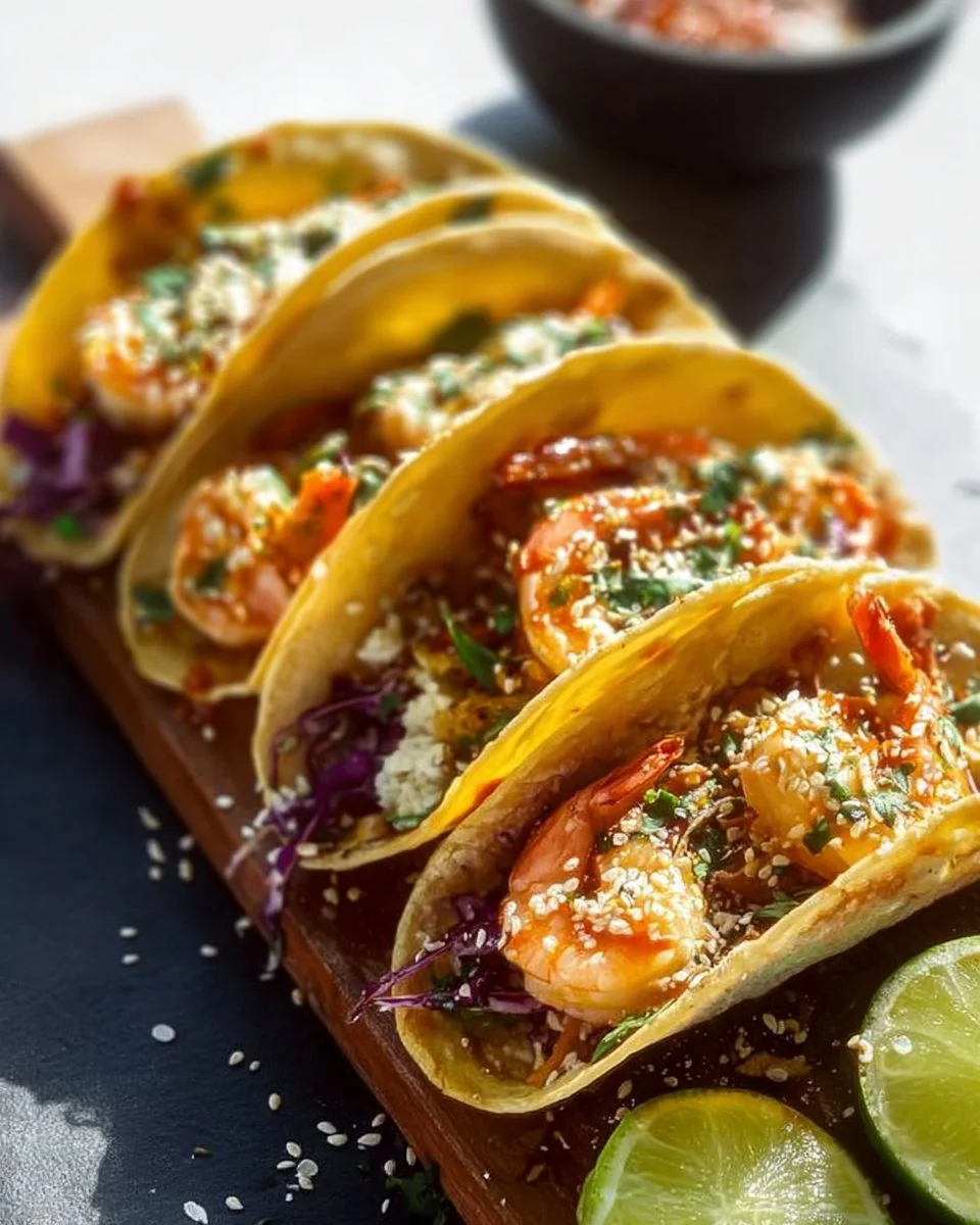 Mini-tacos aux crevettes savoureux et colorés, parfaits pour un apéritif raffiné.