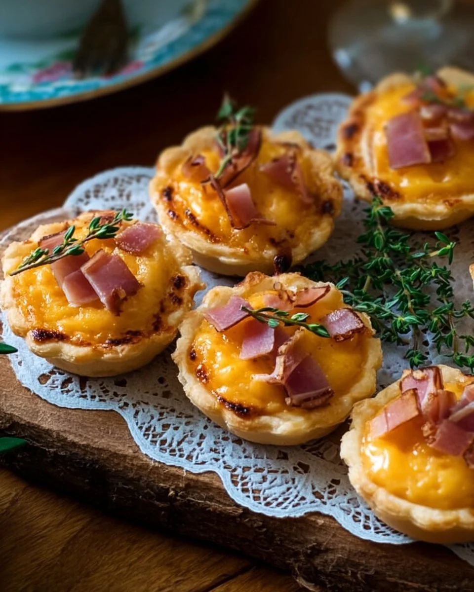 Mini-tartelettes à la moutarde, avec mimolette et jambon, à déguster en apéritif.