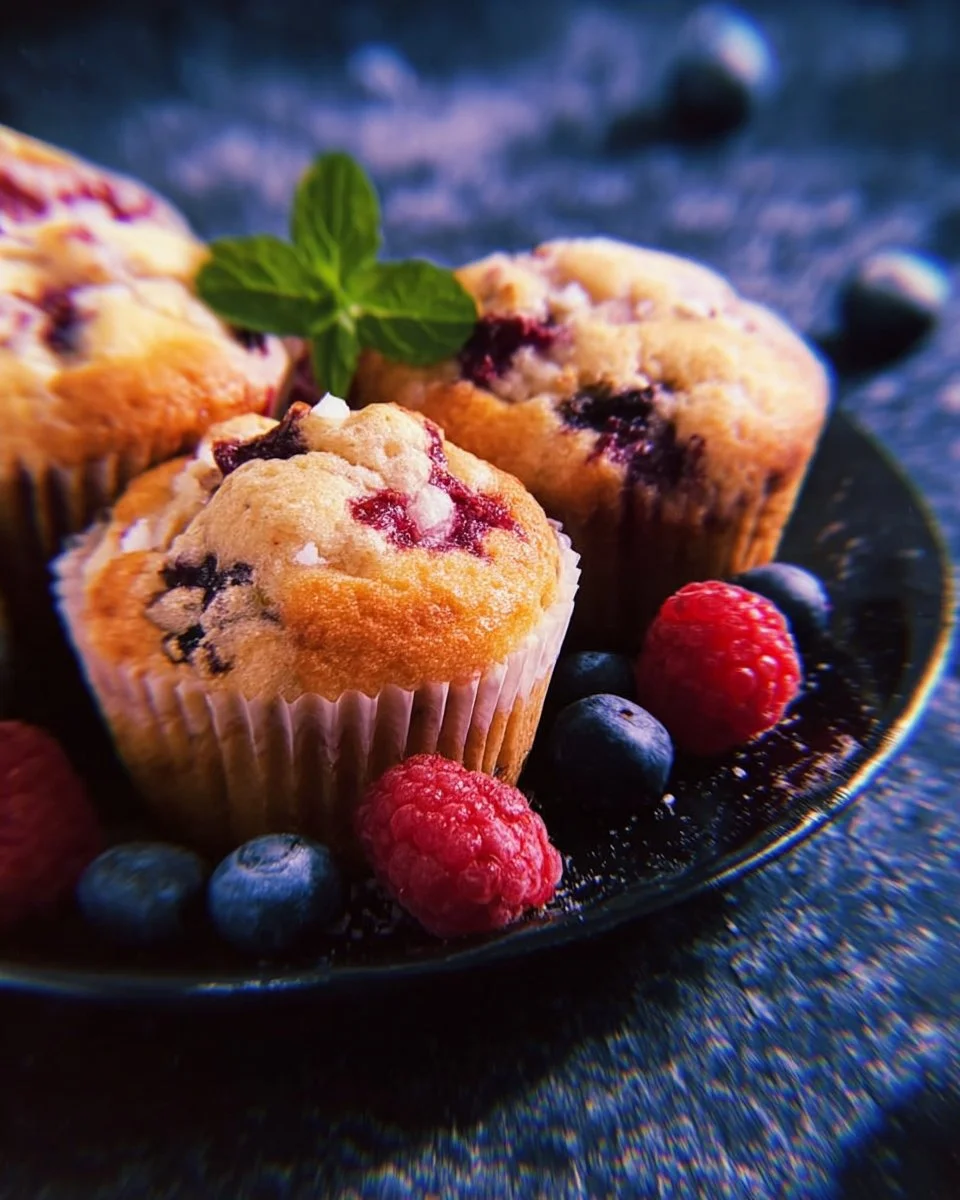 Muffins vanille moelleux avec fruits rouges sur une assiette