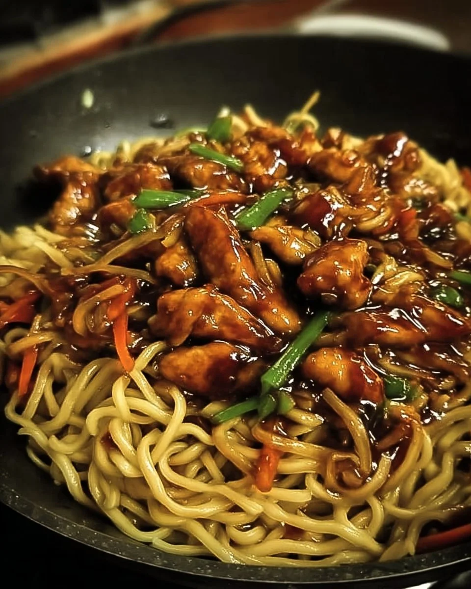 Plat de nouilles sautées au poulet caramélisé