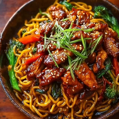 Nouilles sautées avec poulet caramélisé dans un bol savoureux