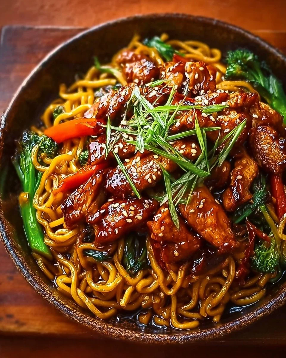 Nouilles sautées avec poulet caramélisé dans un bol savoureux