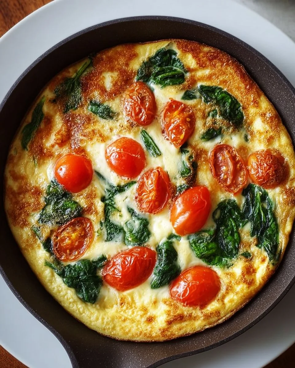 Omelette aux épinards et tomates garnie d'herbes fraîches sur une assiette