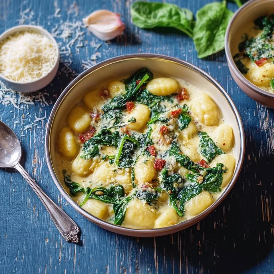 Gnocchis à la gorgonzola, épinards et pancetta dans un plat unique