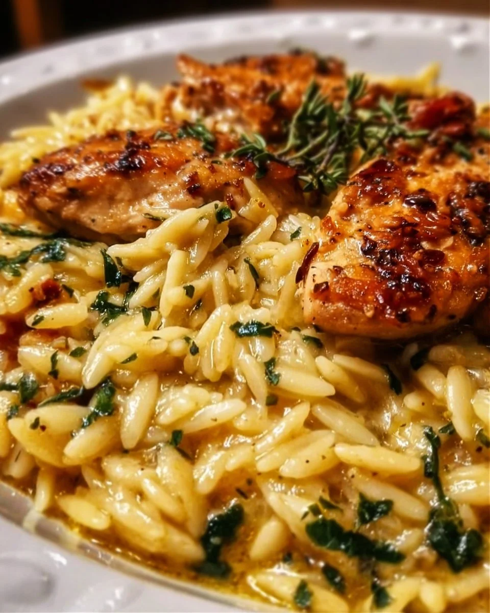 Recette d'orzo crémeux avec poulet dans un bol appétissant