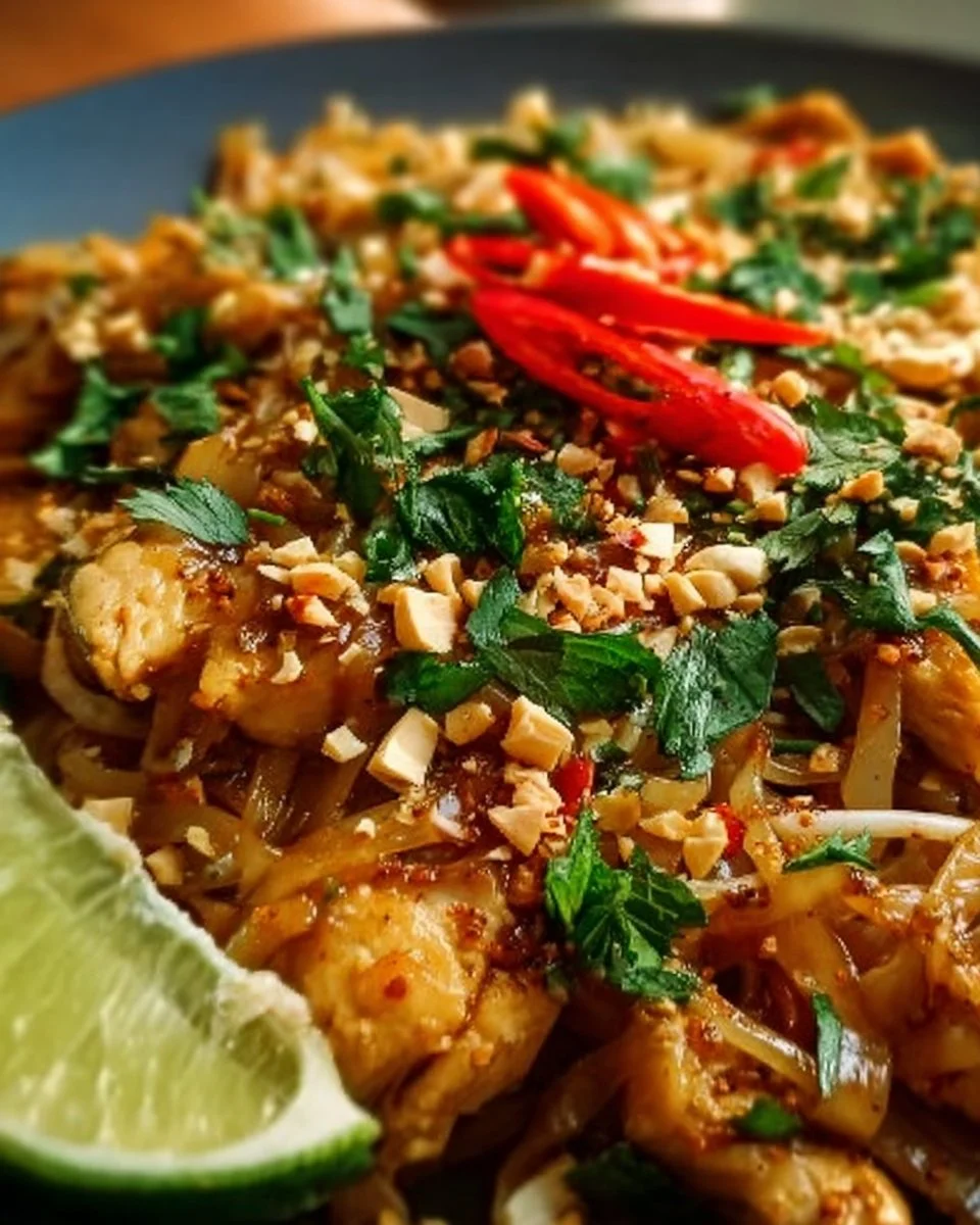 Pad Thaï au poulet avec nouilles et légumes frais