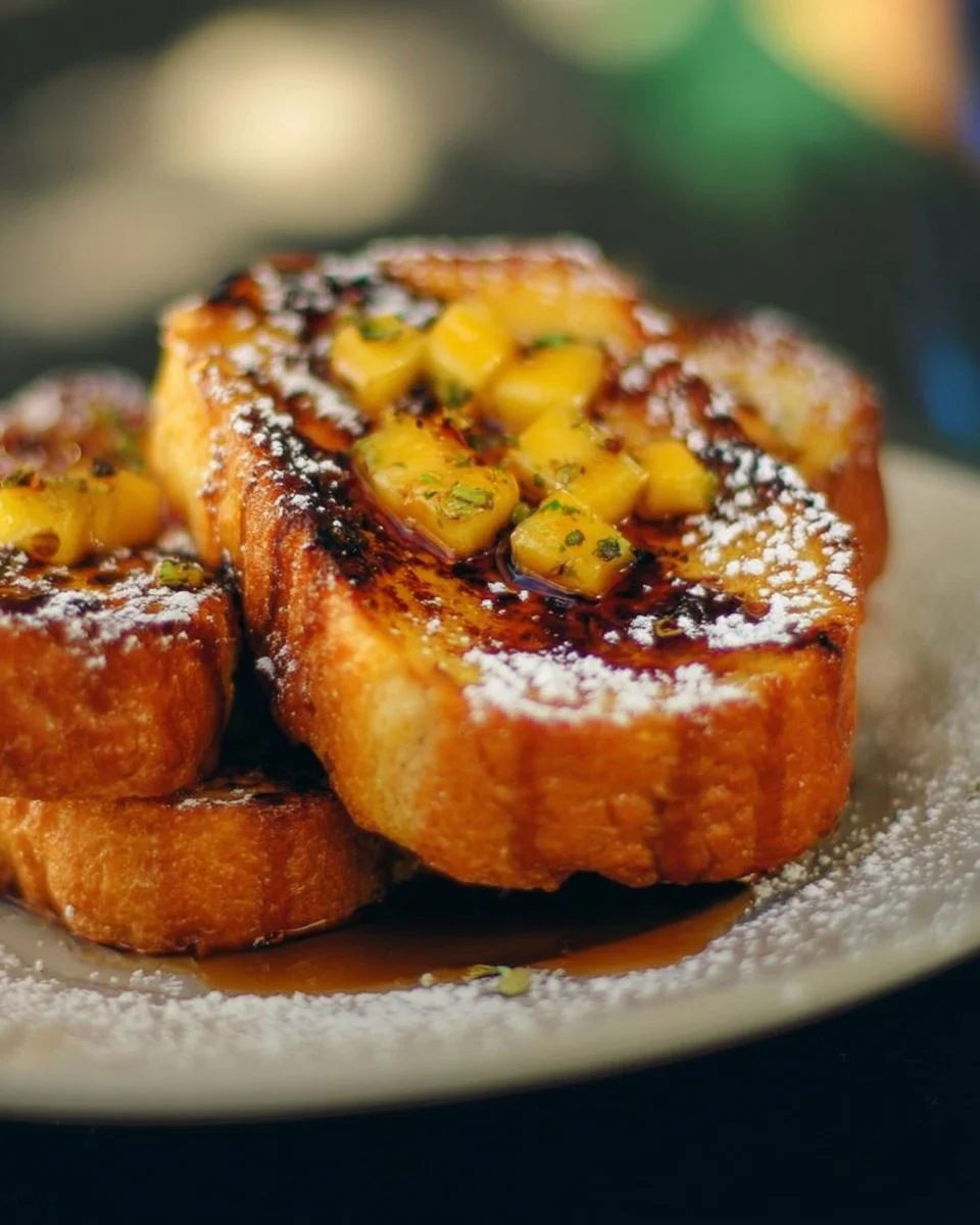 Délicieux Pain Perdu servi avec des fruits et du sirop d'érable