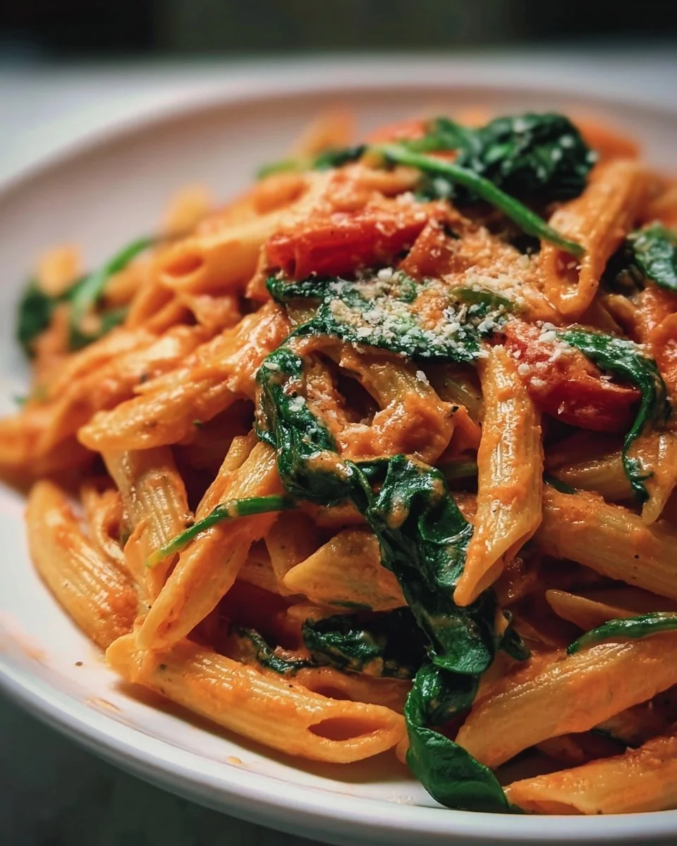 Pâtes à la sauce crémeuse de tomate et épinards