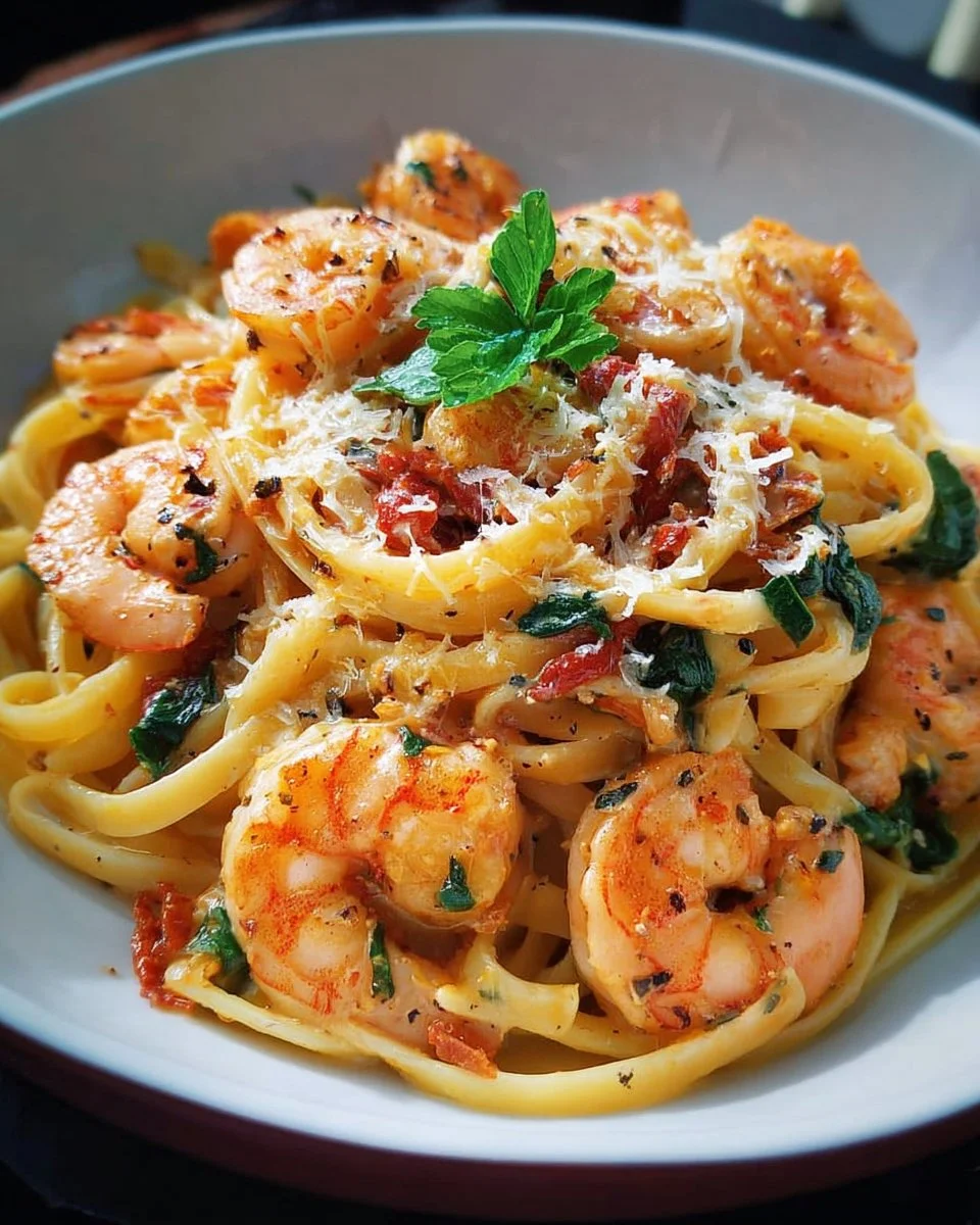 Assiette de Linguine aux Crevettes avec sauce à la Toscane