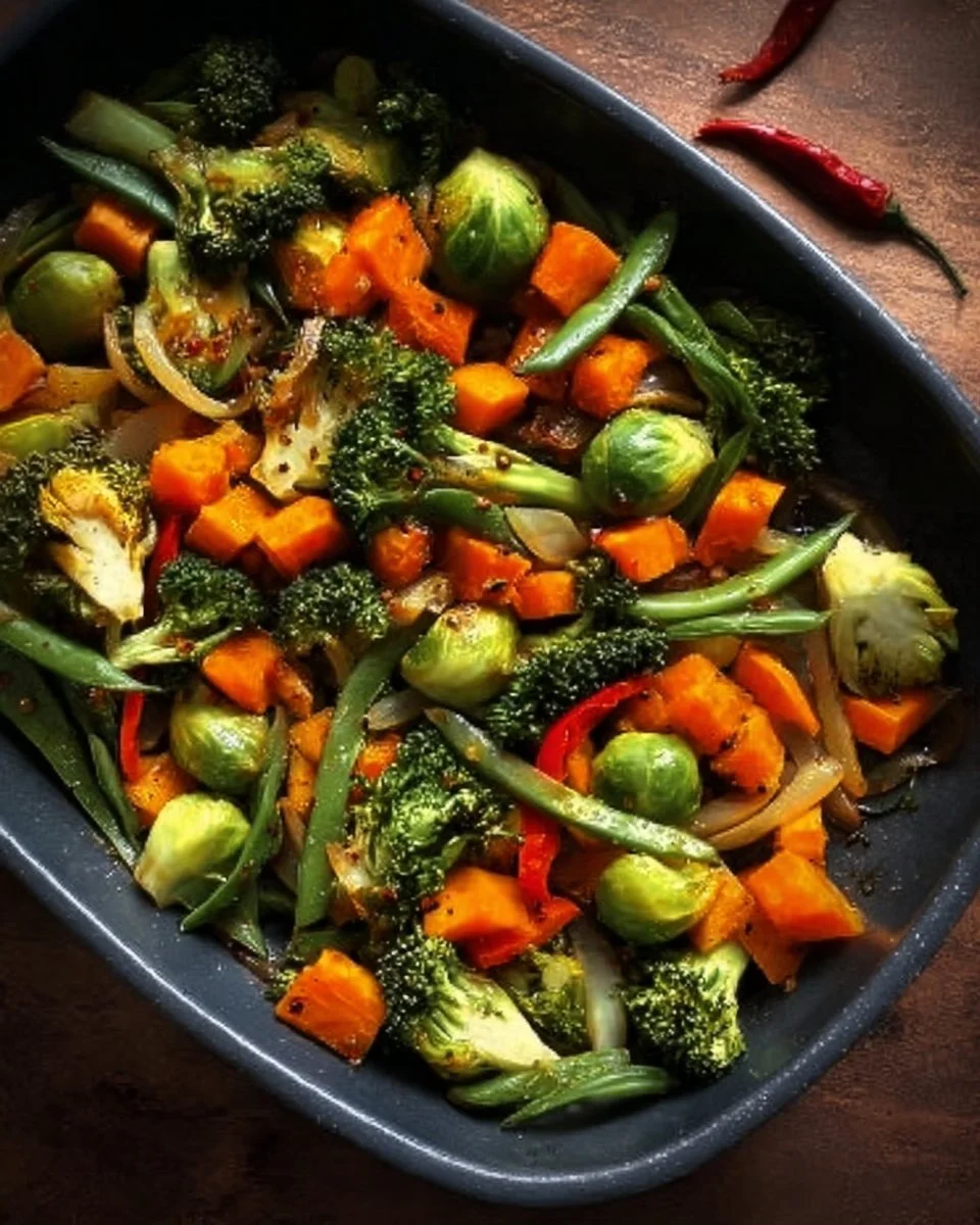 Poêlée savoureuse de légumes de Noël colorés dans un plat festif.